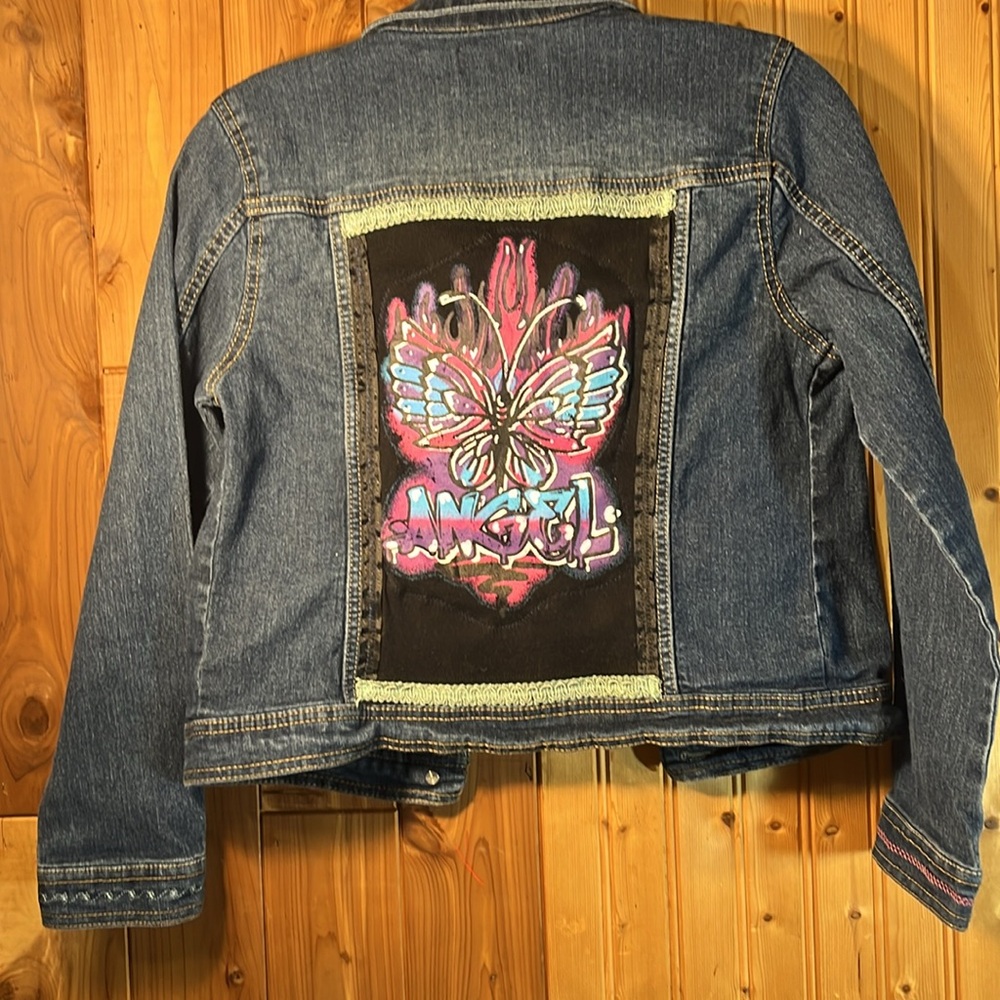 Upcycled butterfly kids denim jacket